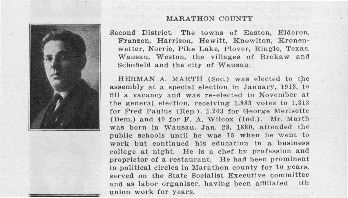 Herman Marth Biography in Wisconsin Blue Book, 1919