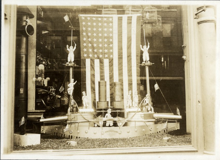 Storefront Window Decorated for War in Wausau, 1917